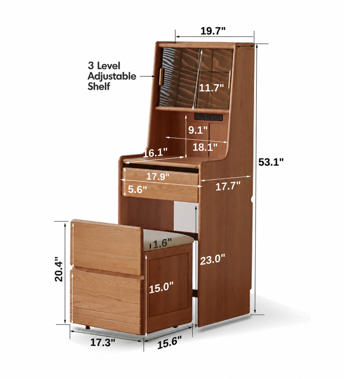 Scandinavian Cherry Wood Dressing Table With Stool SOULMATE Size Chart