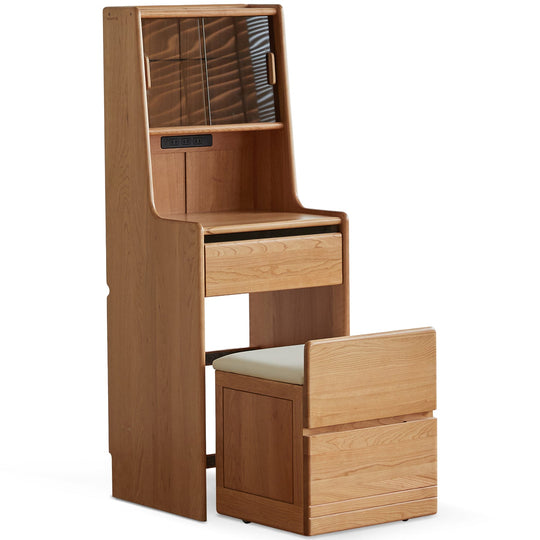 Scandinavian cherry wood dressing table with stool soulmate in white background.