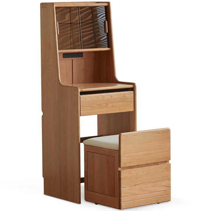 Scandinavian cherry wood dressing table with stool soulmate in white background.