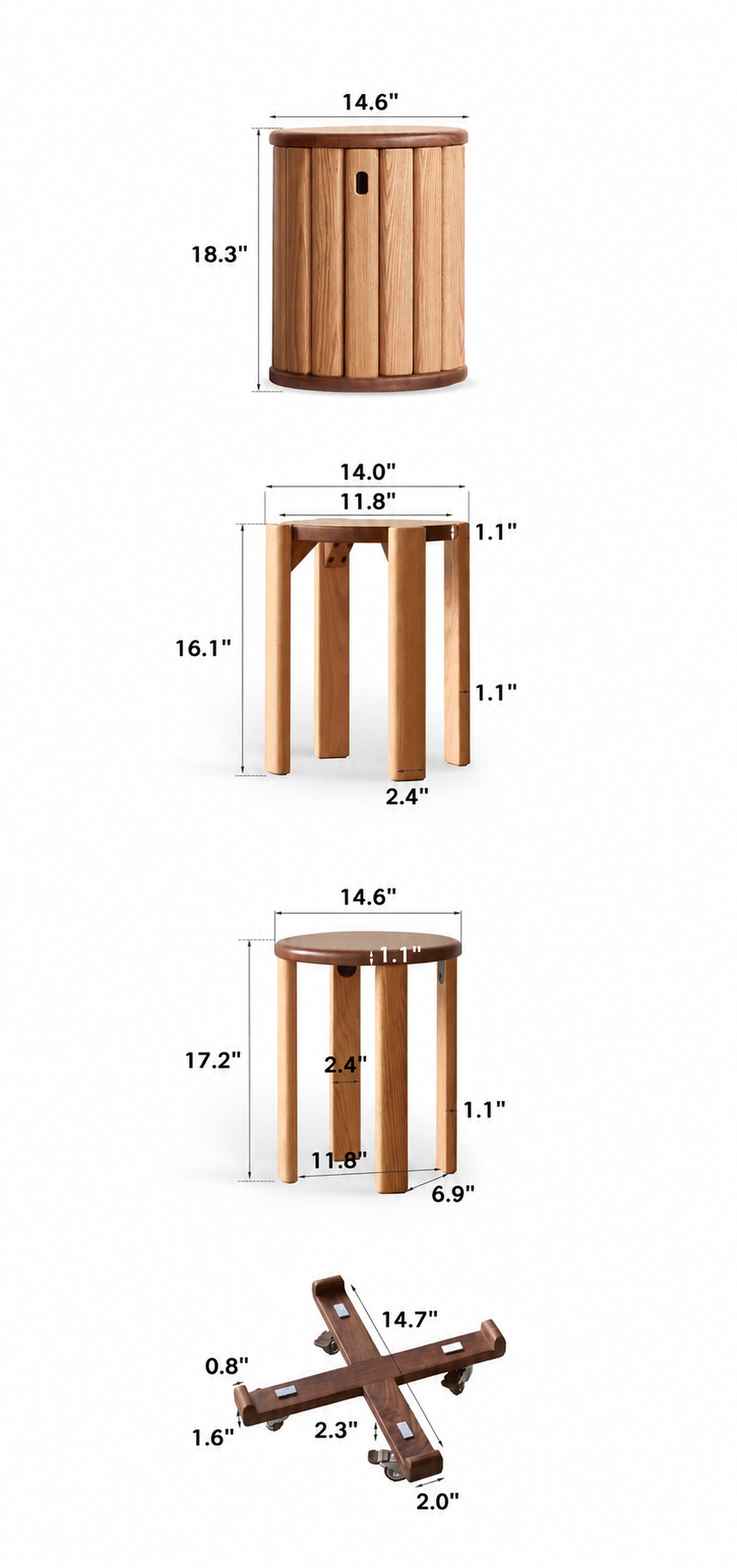 Scandinavian Oak Wood Stackable Stool With Wheels FRIDAY Size Chart
