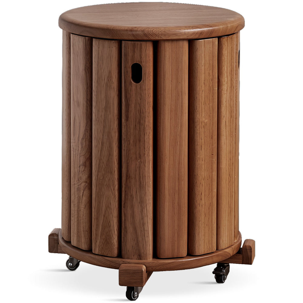 Japandi rubber wood stackable stool with wheels friday in white background.