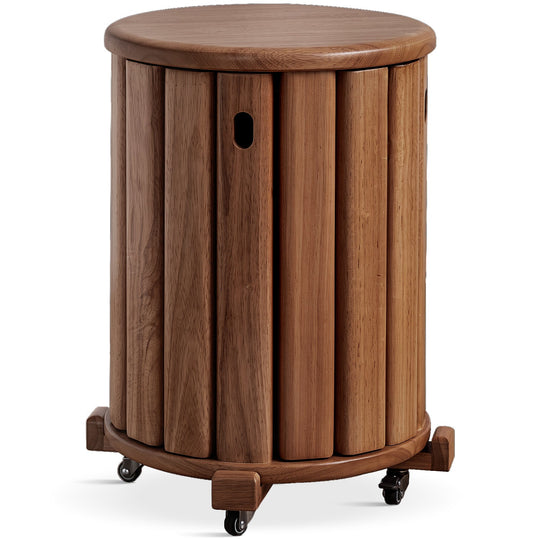 Japandi rubber wood stackable stool with wheels friday in white background.