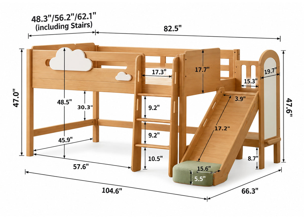 Scandinavian Beech Wood Kids Storage Bed With Slide And Study Desk CLOUD Size Chart