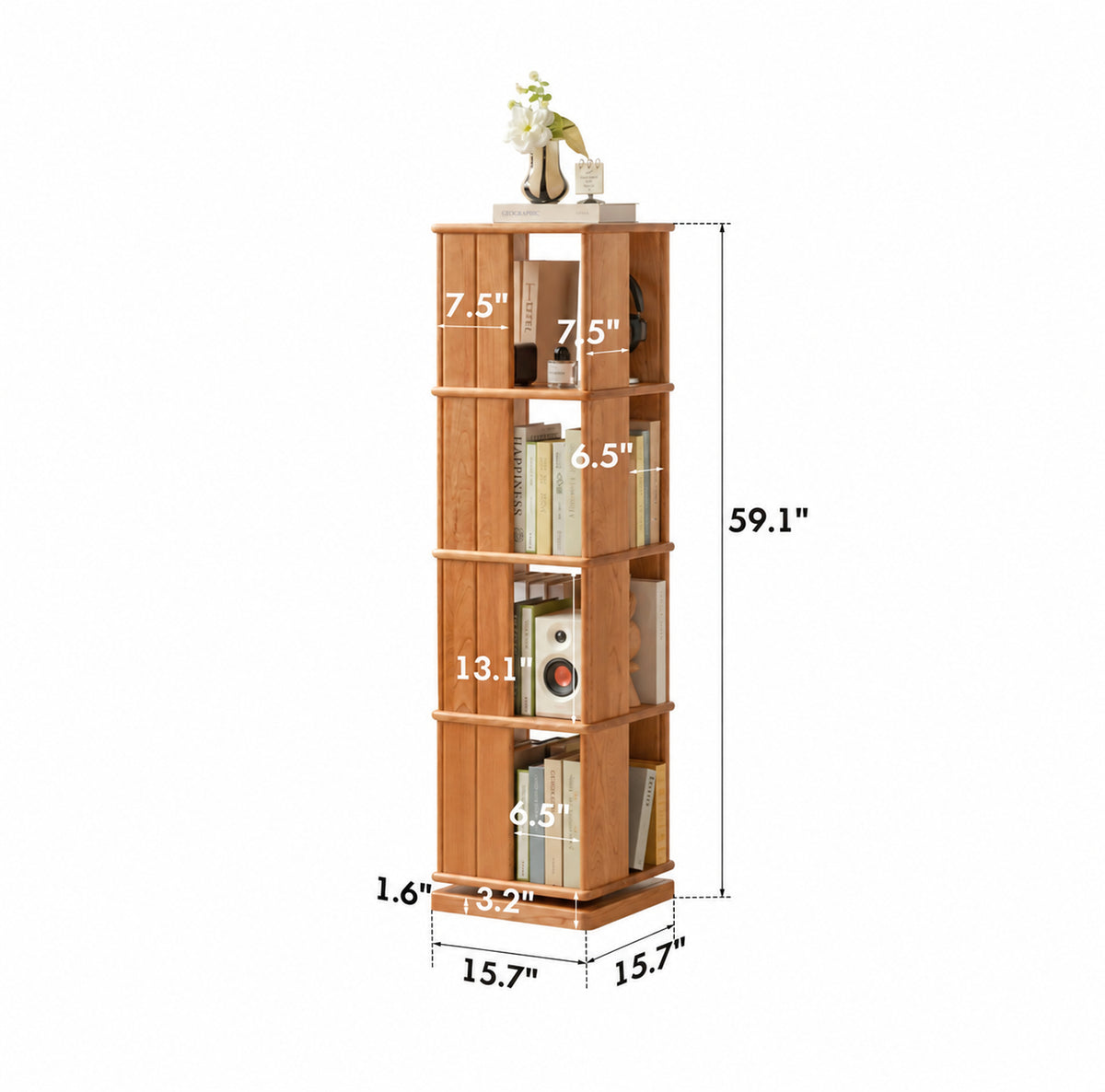 Scandinavian Cherry Wood Revolving Bookshelf ROTTERDAM Size Chart