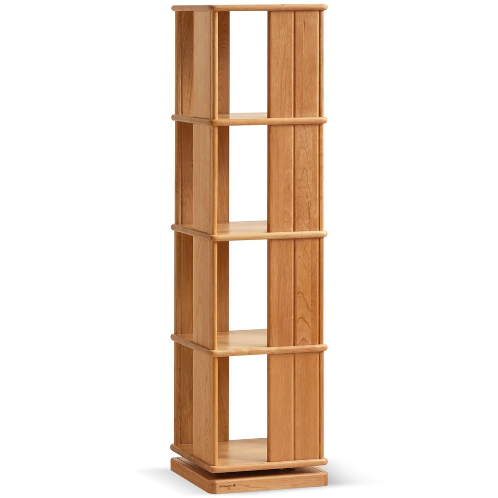Scandinavian cherry wood revolving bookshelf rotterdam in white background.
