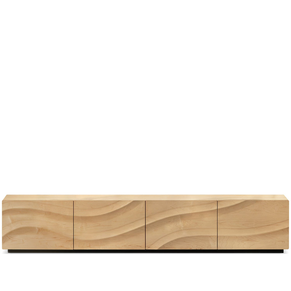 Scandinavian oak wood tv console wave in white background.