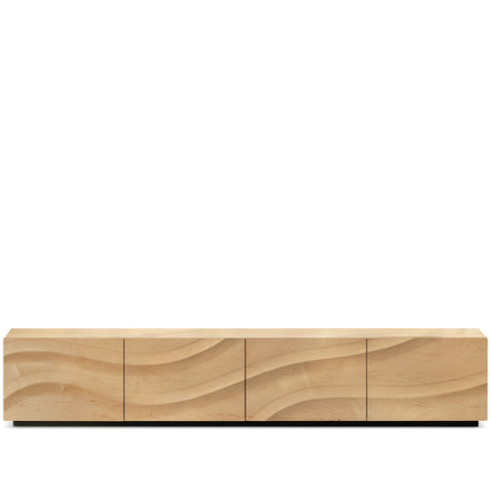 Scandinavian oak wood tv console wave in white background.