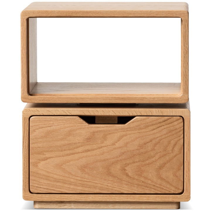 Scandinavian oak wood revolving side table twist in white background.