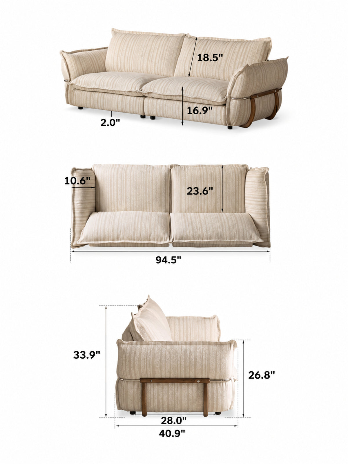 Cream Boucle Fabric 3 Seater Sofa CIRCLE Size Chart