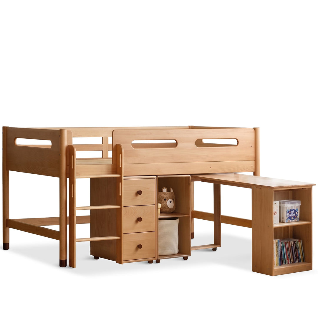 Scandinavian beech wood kids storage bed with study desk matchstick in white background.
