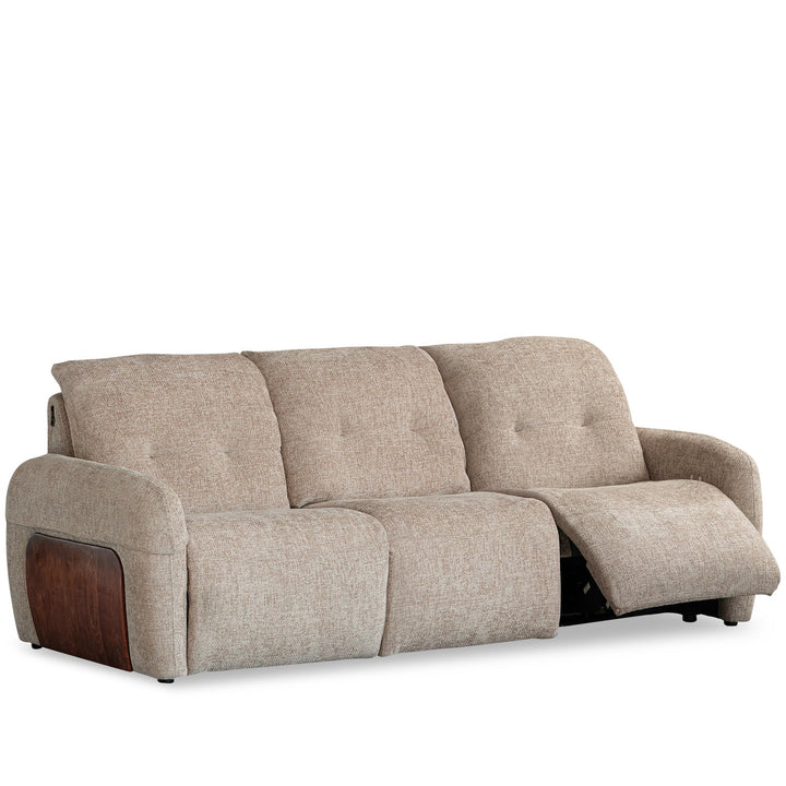 Cream chenille velvet fabric recliner 3 seater sofa mellow in white background.