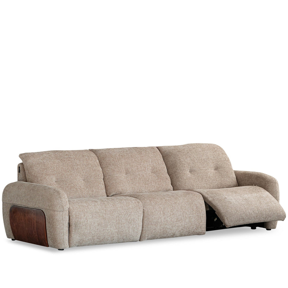 Cream chenille velvet fabric recliner 4 seater sofa mellow in white background.
