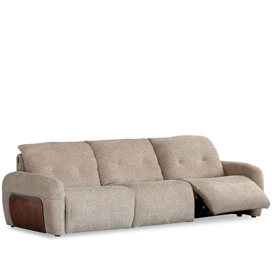 Cream chenille velvet fabric recliner 4 seater sofa mellow in white background.