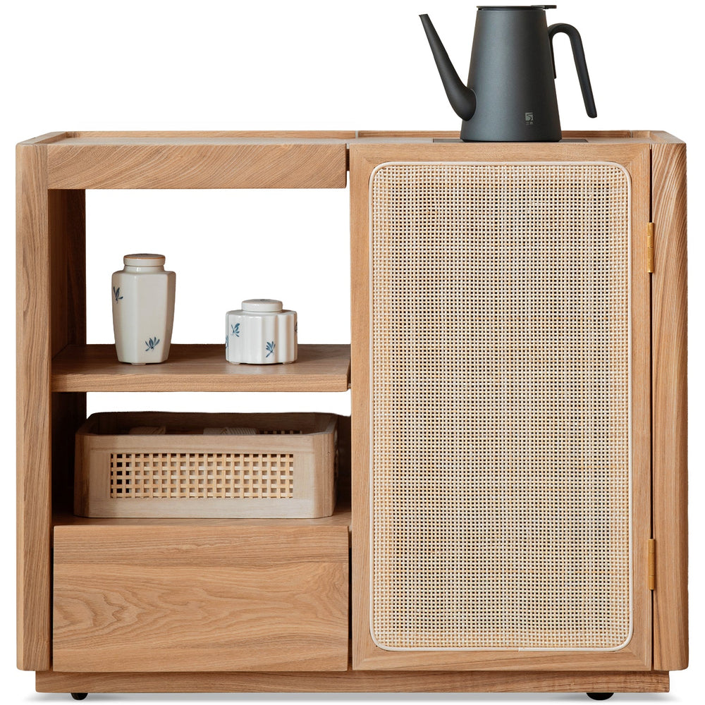 Scandinavian oak wood wheel tea side table vine in white background.