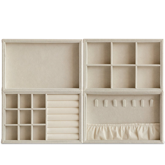 Minimalist velvet fabric jewelry organizer tray 4in1 set aura in white background.