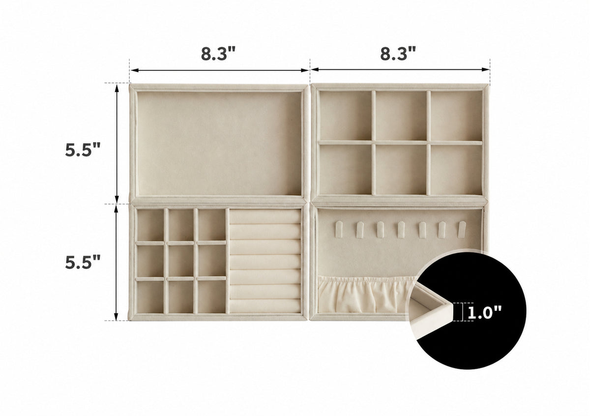 Minimalist Velvet Fabric Jewelry Organizer Tray 4IN1 Set AURA Size Chart