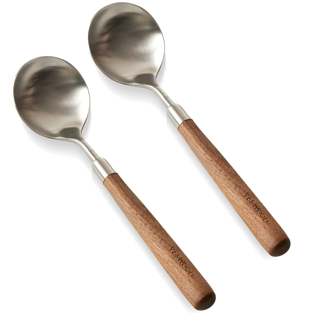 Japandi walnut wood 304 stainless steel spoon and fork 2in1 set woodland in still life.