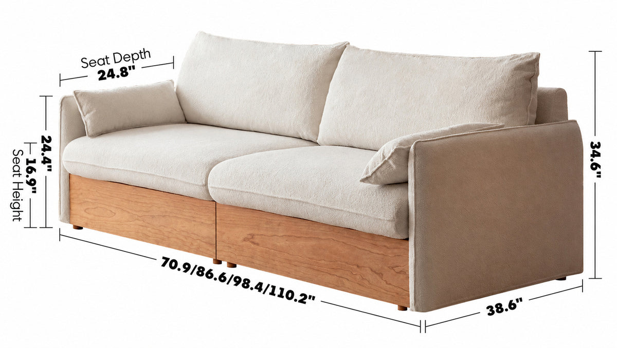 Scandinavian Boucle Fabric Pine Wood Storage 4 Seater Sofa KANGAROO Size Chart