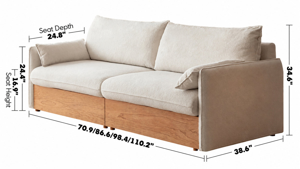 Scandinavian Boucle Fabric Pine Wood Storage 3 Seater Sofa KANGAROO Size Chart