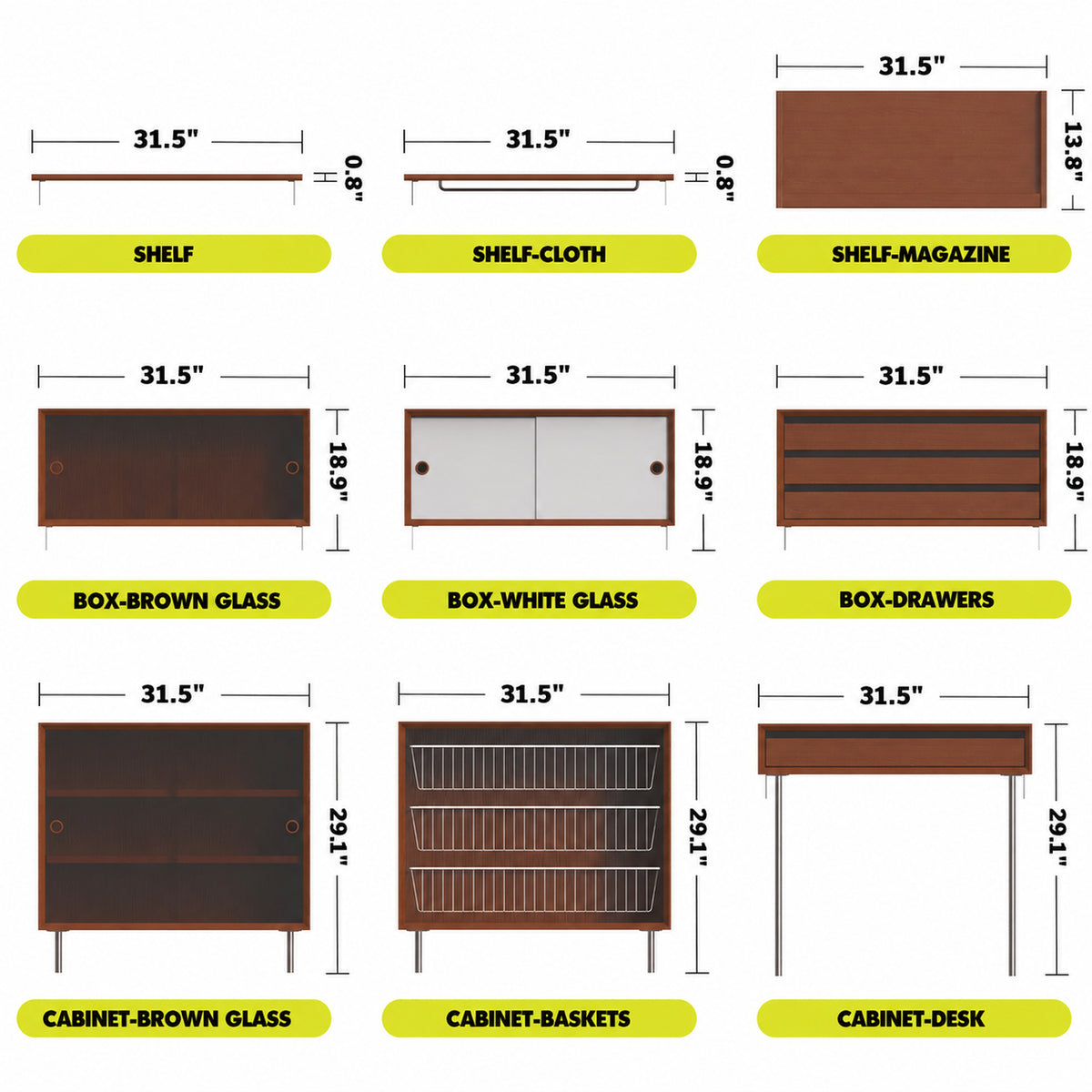 Bauhaus Boxwood Modular Hanging Wall Shelf System MUSE Size Chart