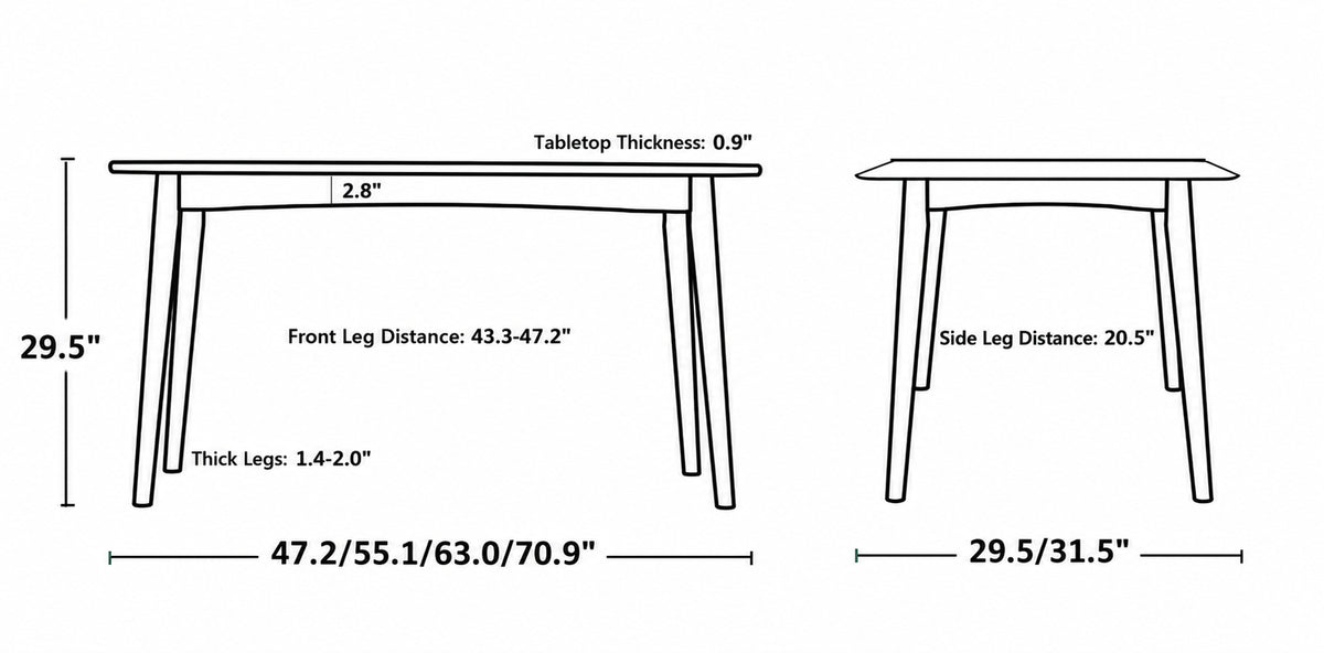 Scandinavian Cherry Wood Dining Table GREEN Size Chart