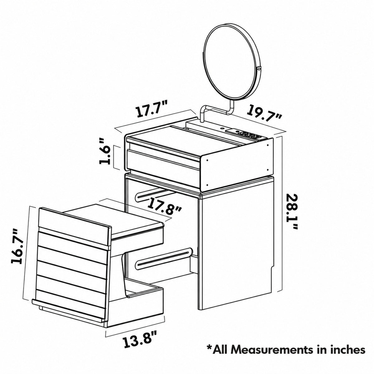 Scandinavian Cherry Wood Dressing Table MIRROR LAKE Size Chart