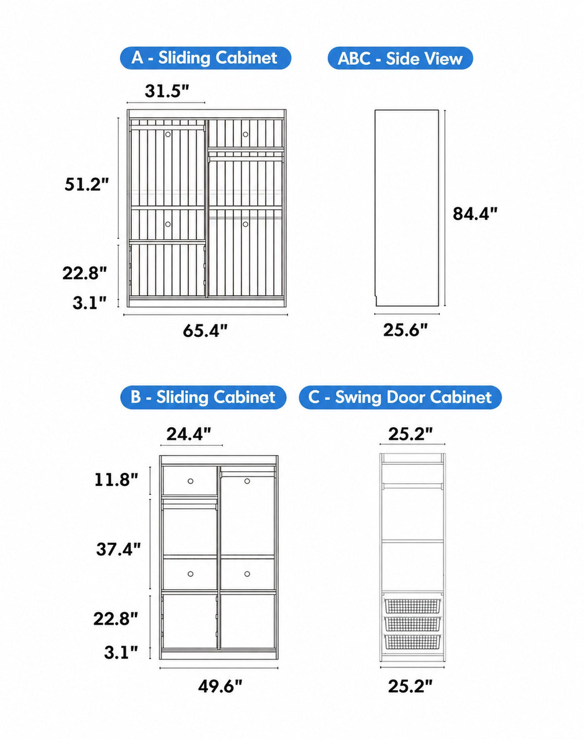Scandinavian Cherry Wood Sliding Door Wardrobe NAVA Size Chart