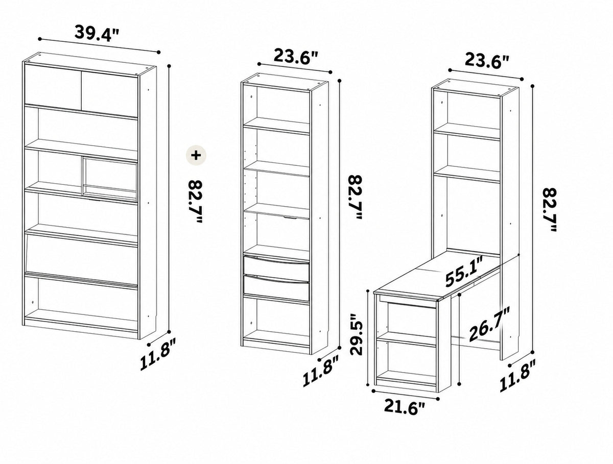 Bauhaus Boxwood Extendable Study Desk Bookshelf MIES Size Chart