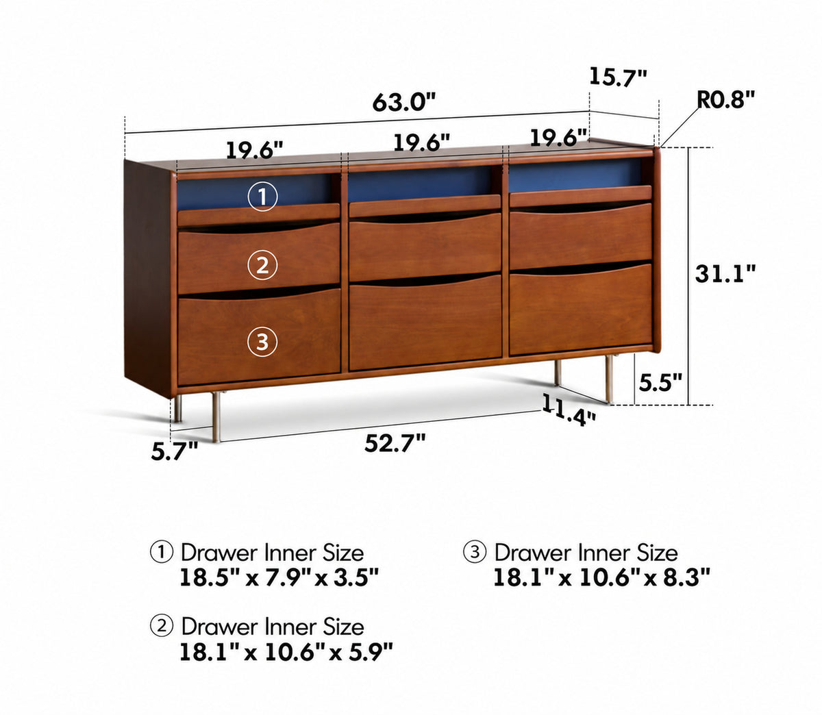Bauhaus Boxwood Chest Of 9 Drawers MIES Size Chart