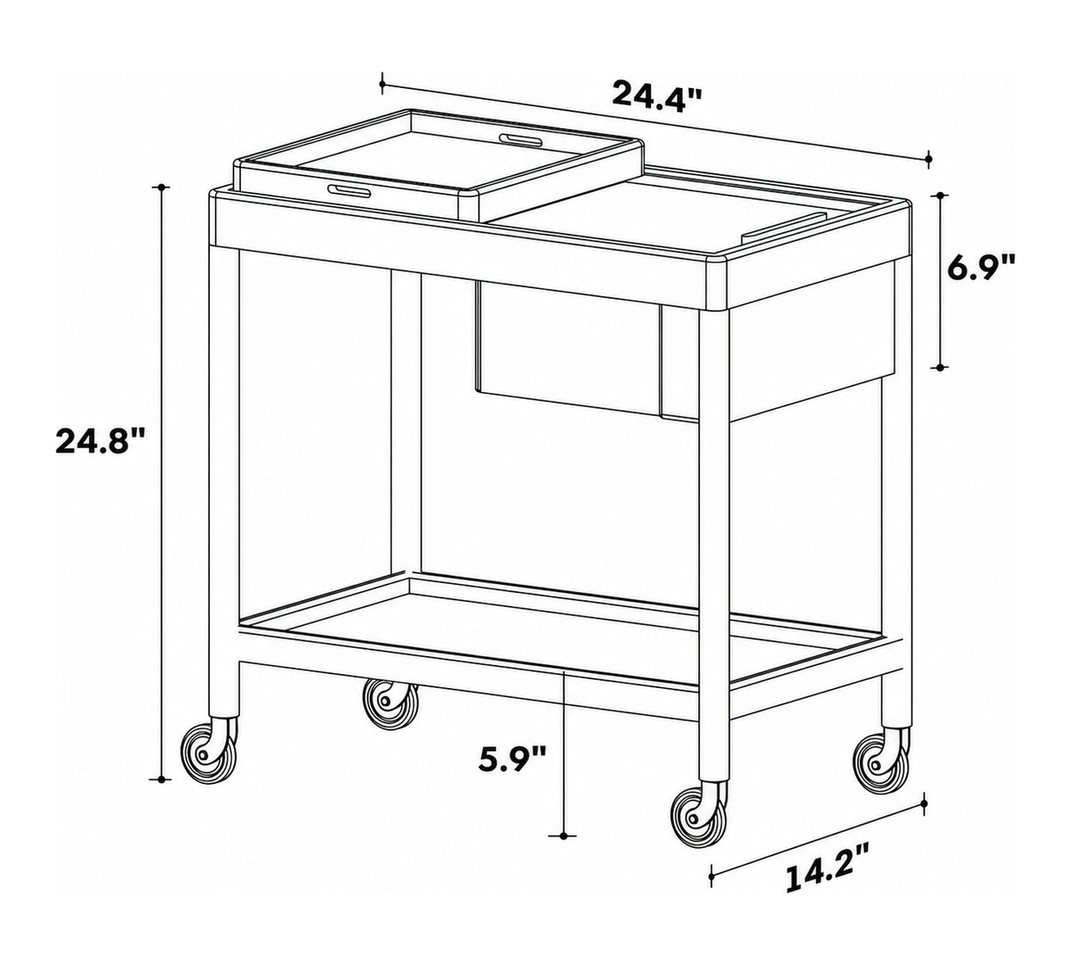 Scandinavian Cherry Wood Wheeled Trolley Side Table POCKET Size Chart