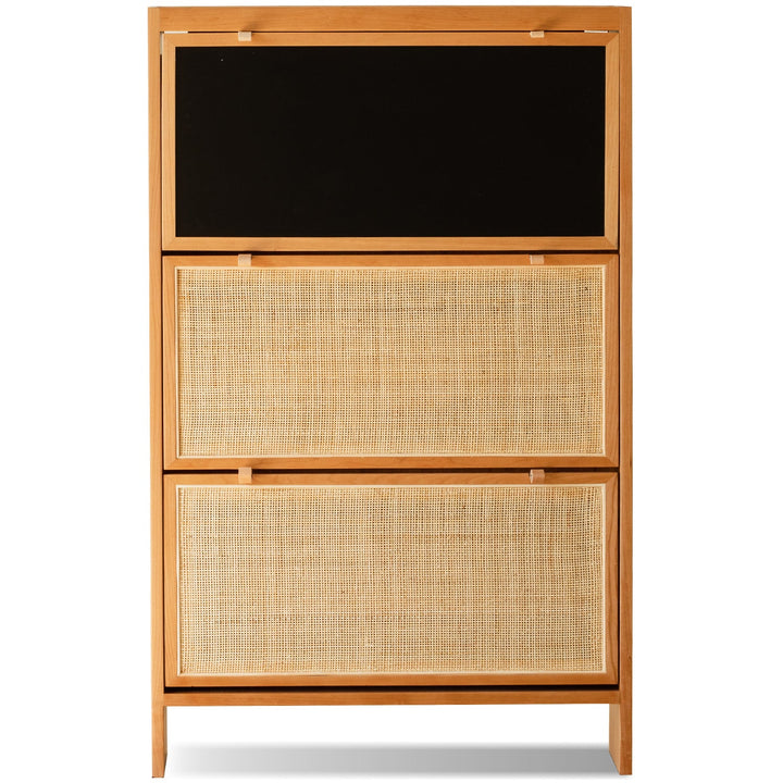 Scandinavian rattan shoe cabinet kangaroo in close up details.