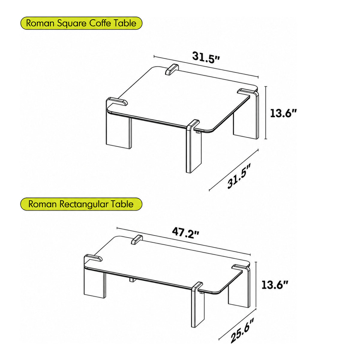 Vintage Sintered Stone Coffee Table ROMA Size Chart