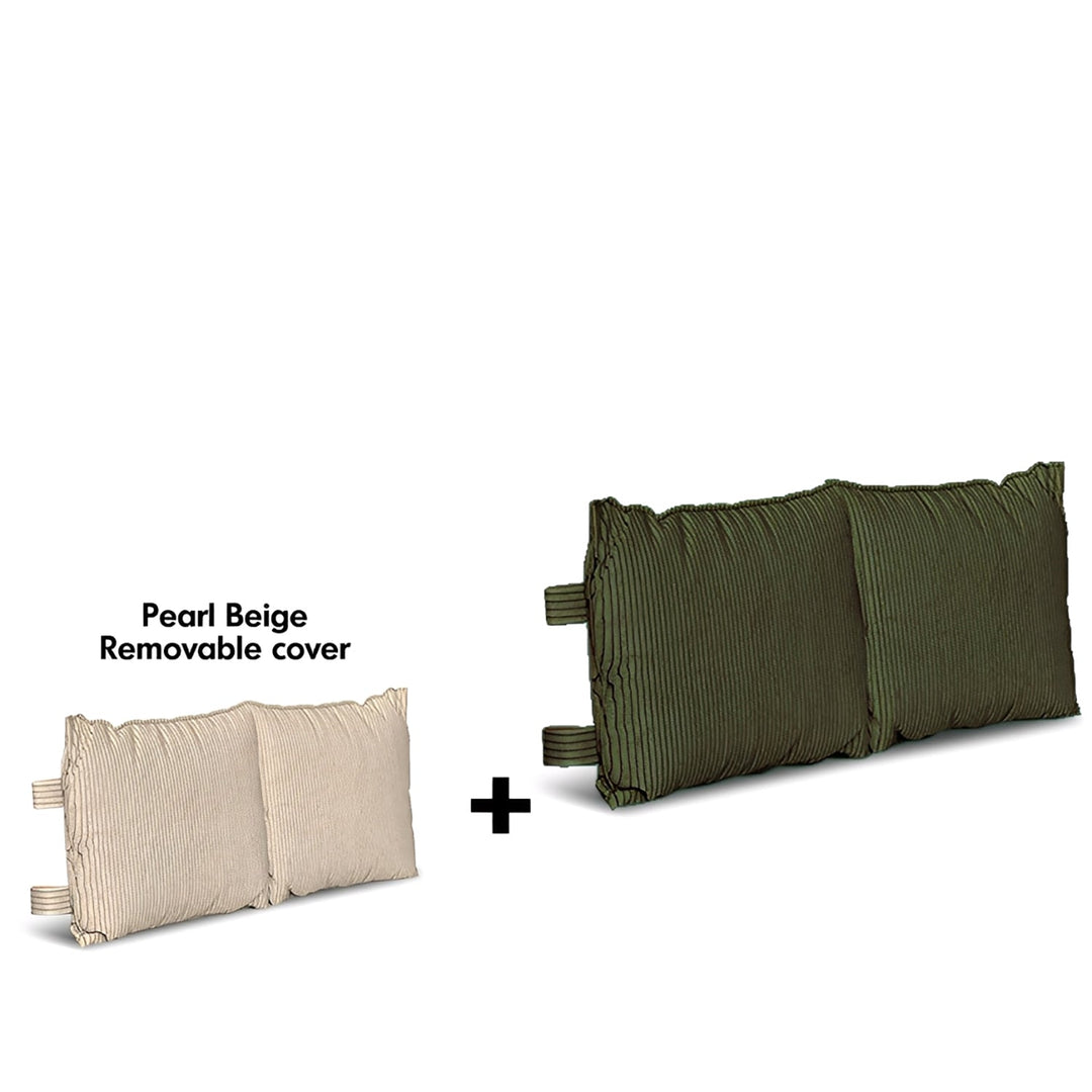 Two pillows, one pearl beige and one green, on a white background.