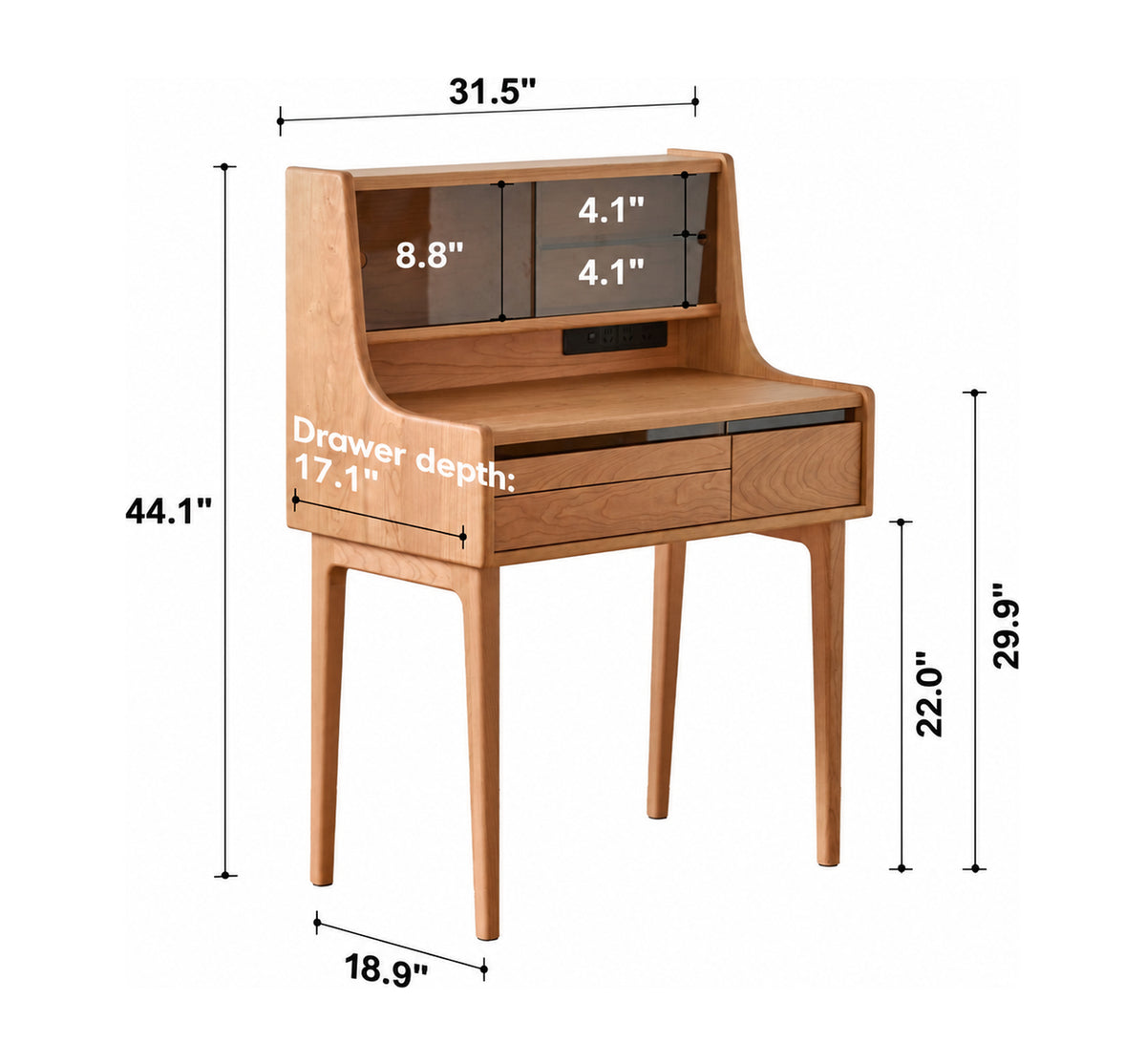 Scandinavian Cherry Wood Dressing Table FLOATING LIGHT Size Chart