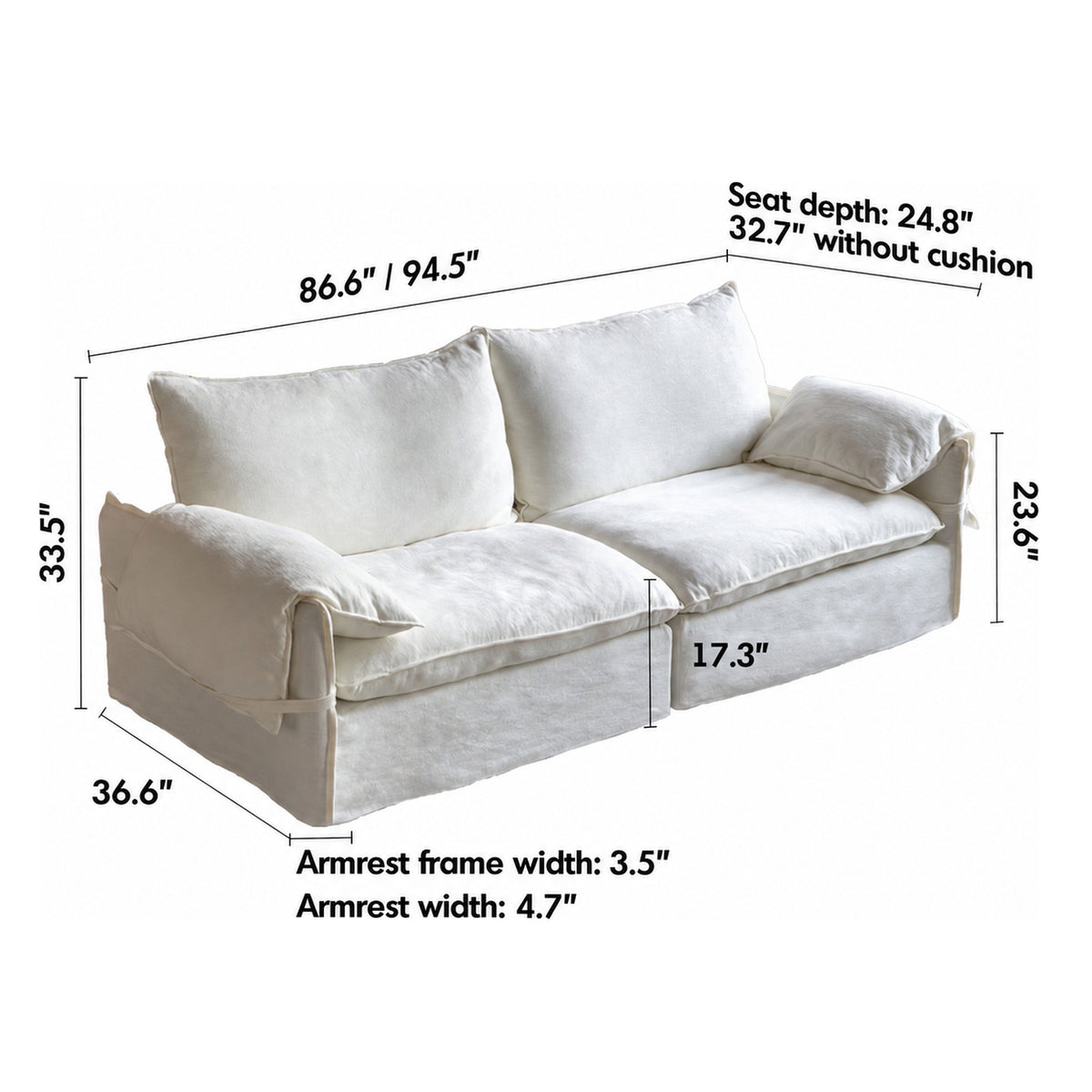 Cream Cotton Fabric 3 Seater Sofa FOLDING EAR Size Chart