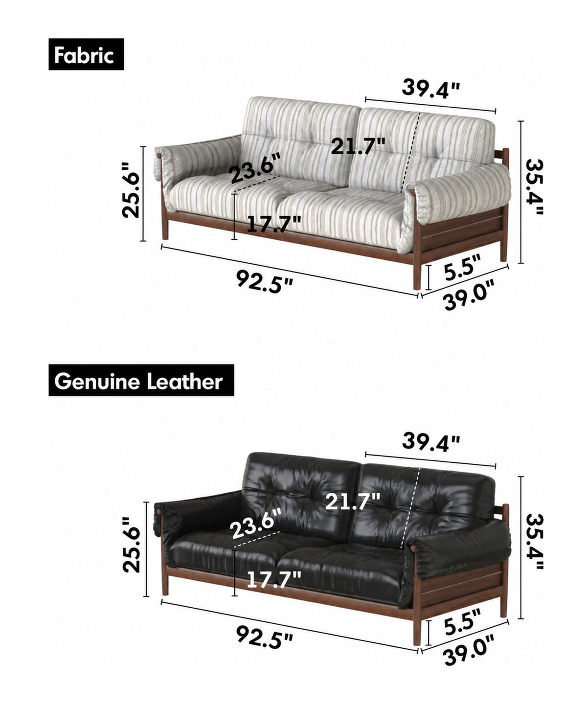 Japandi Chenille Velvet Fabric Walnut Wood 3 Seater Sofa Sofa OPEN BACKED Size Chart