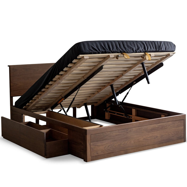 Vintage walnut wood lift-up storage bed with drawer kangaroo conceptual design.