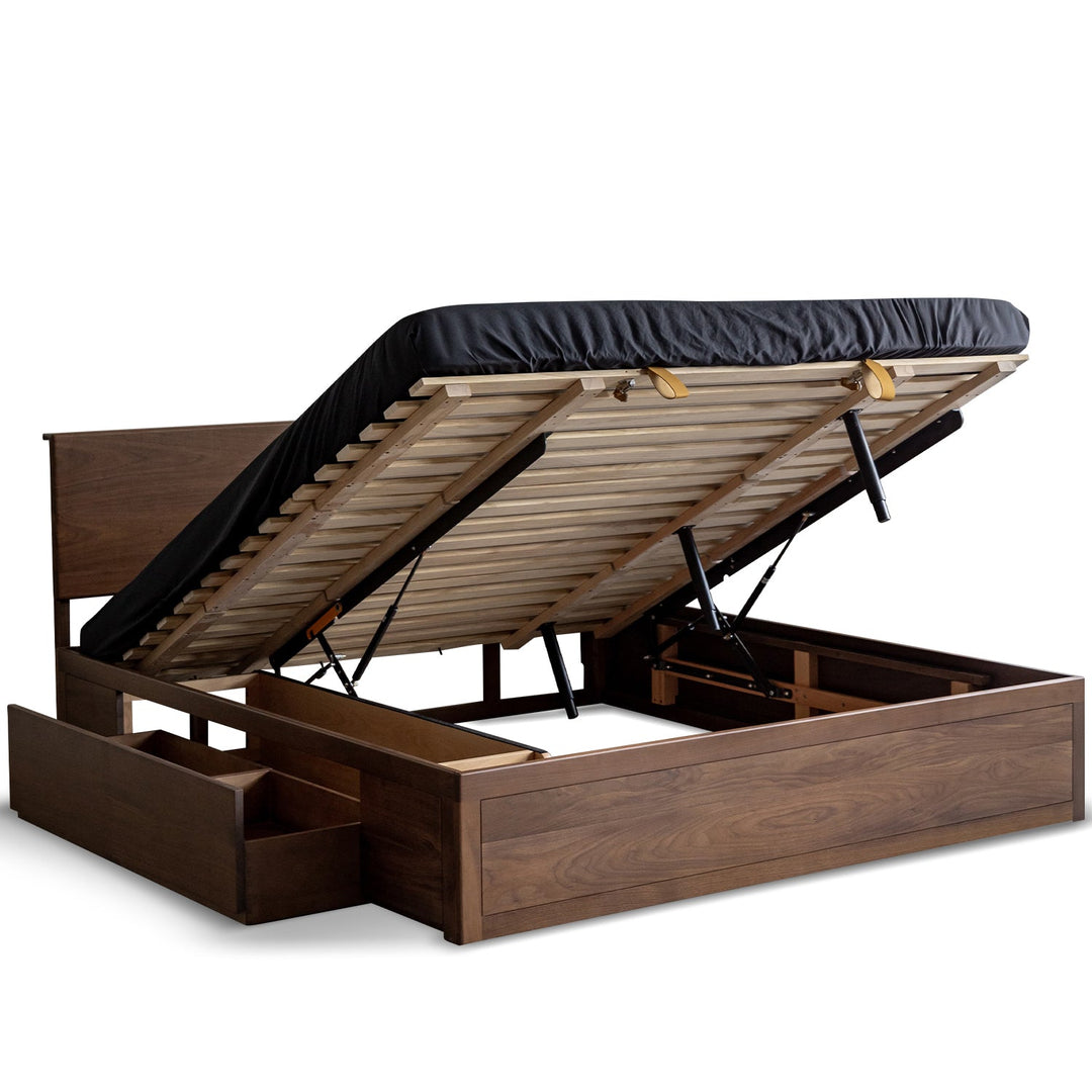 Vintage walnut wood lift-up storage bed with drawer kangaroo in white background.