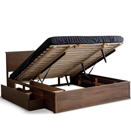 Vintage walnut wood lift-up storage bed with drawer kangaroo in white background.