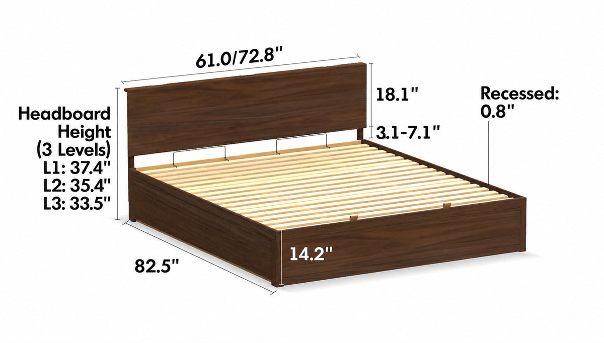 Japandi Walnut Wood Lift-Up Storage Bed With Drawer KANGAROO Size Chart