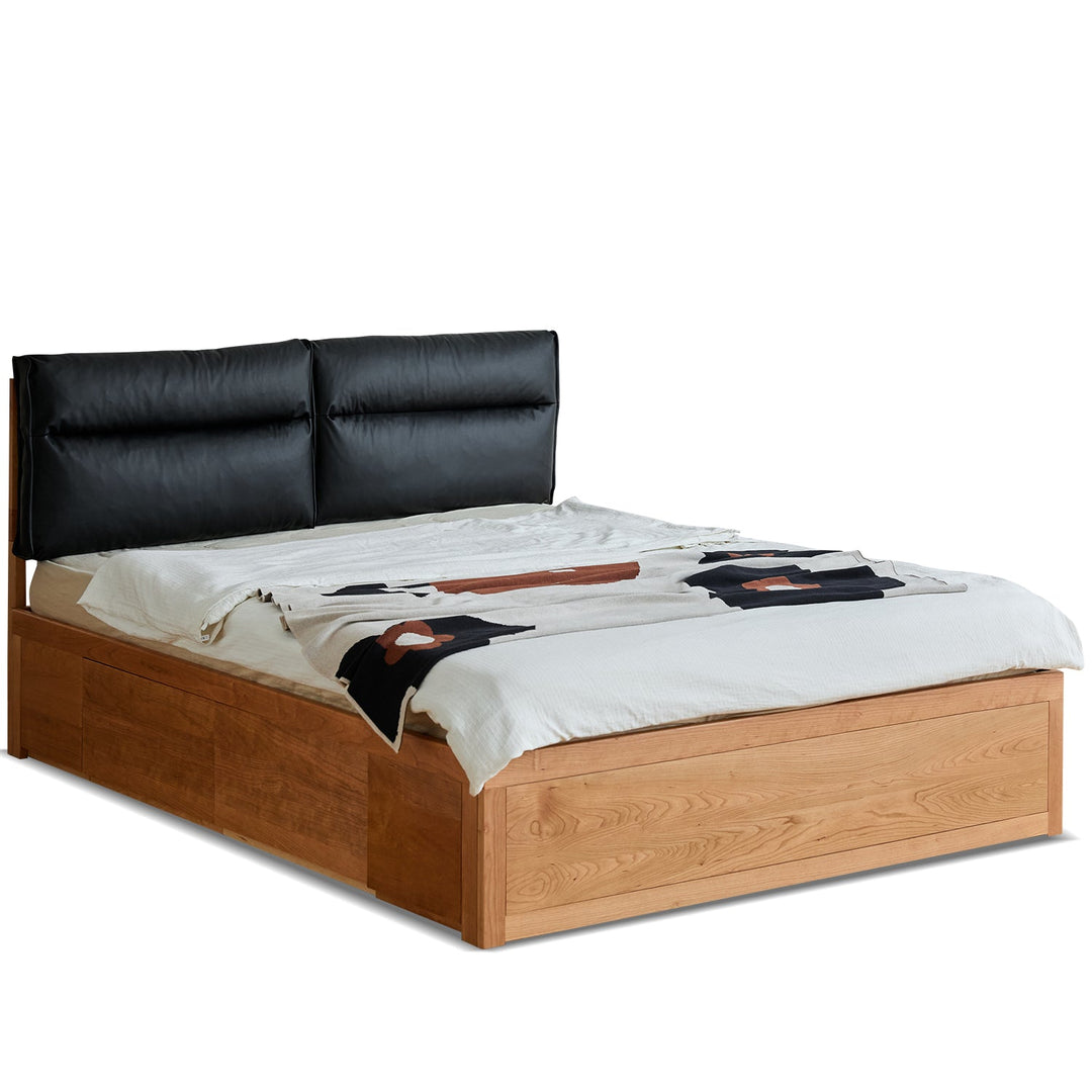 Scandinavian Cherry Wood Cushion Lift-Up Storage Bed With Drawer KANGAROO