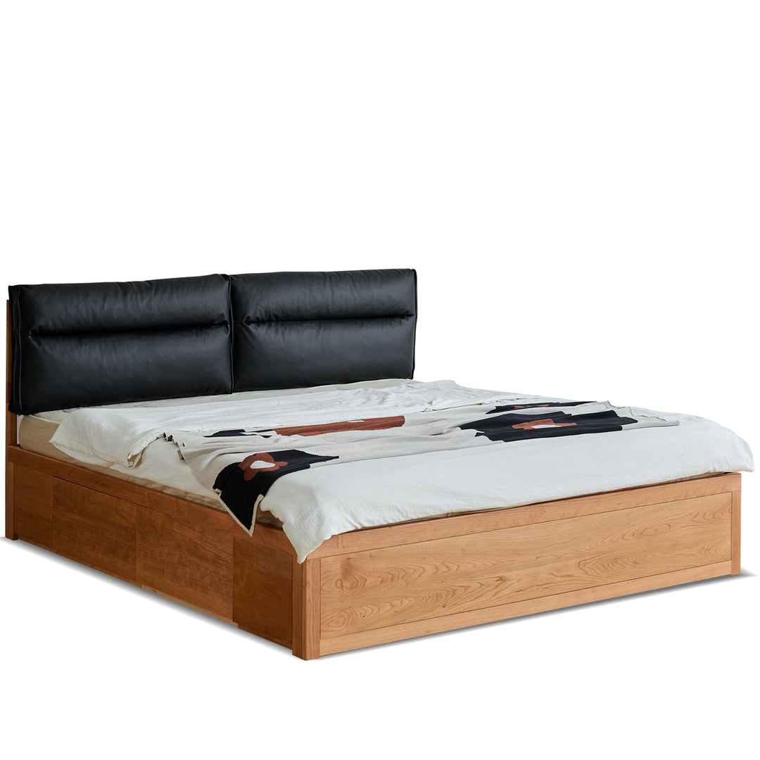 Scandinavian Cherry Wood Cushion Lift-Up Storage Bed With Drawer KANGAROO