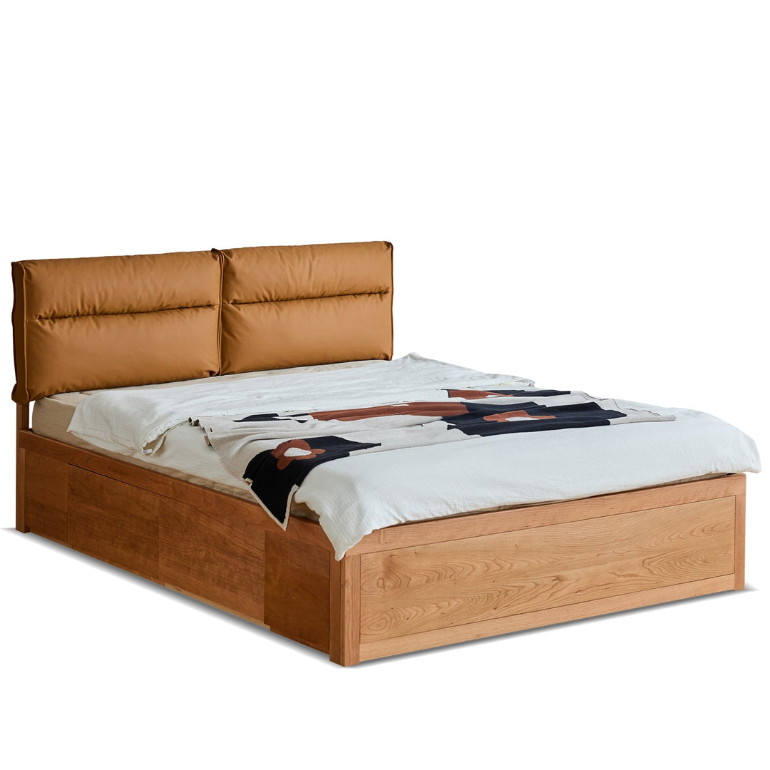 Scandinavian Cherry Wood Cushion Lift-Up Storage Bed With Drawer KANGAROO