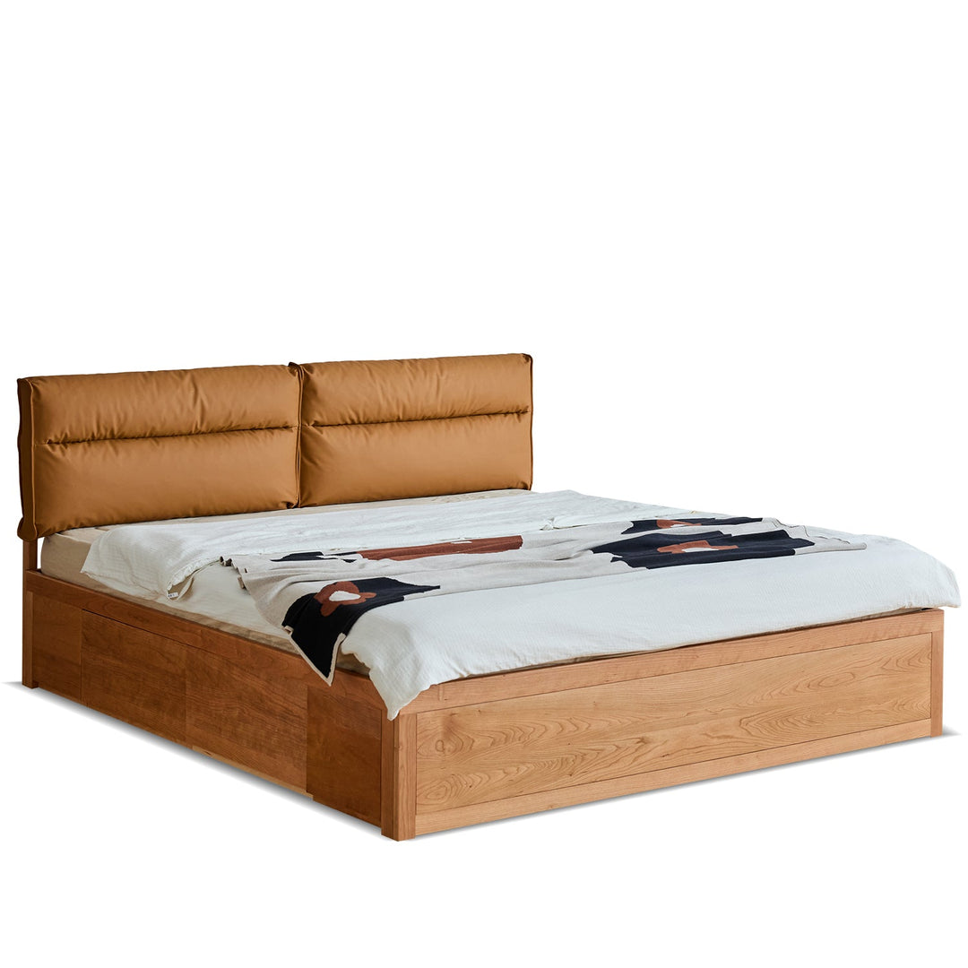 Scandinavian Cherry Wood Cushion Lift-Up Storage Bed With Drawer KANGAROO