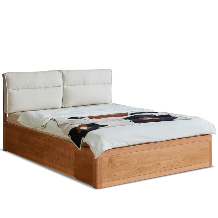Scandinavian Cherry Wood Cushion Lift-Up Storage Bed With Drawer KANGAROO