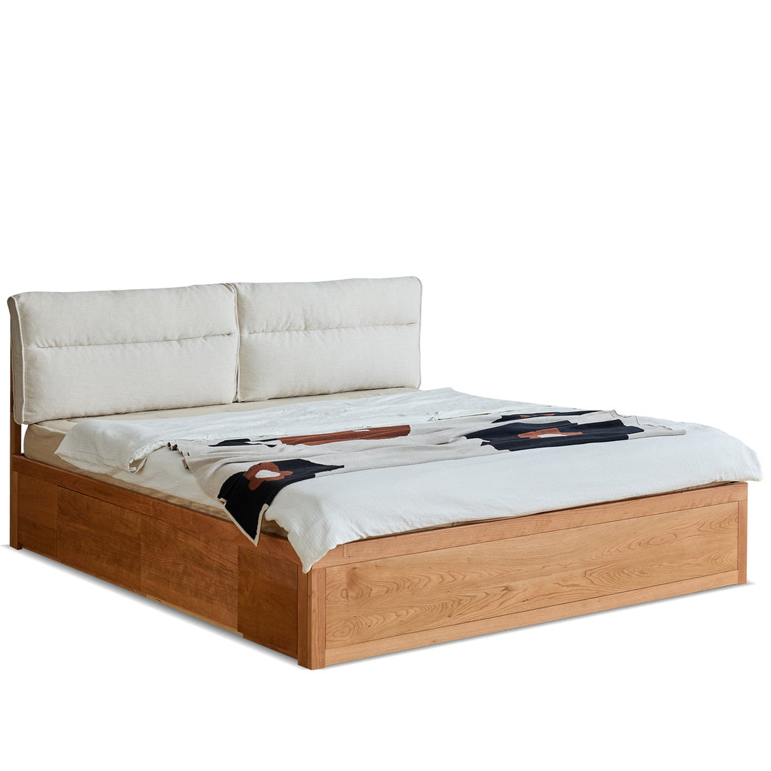 Scandinavian Cherry Wood Cushion Lift-Up Storage Bed With Drawer KANGAROO