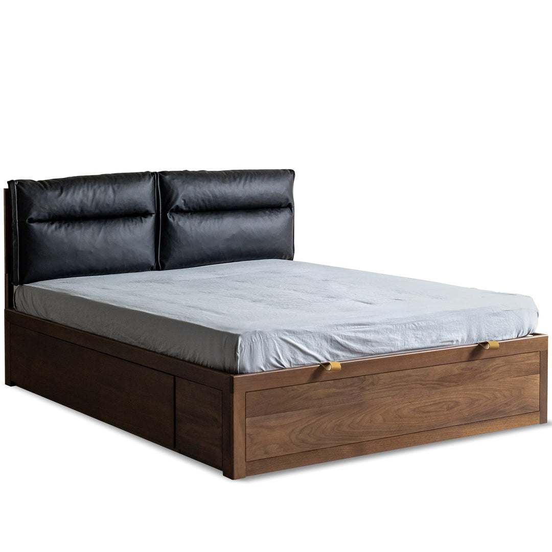 Vintage walnut wood cushion lift-up storage bed with drawer kangaroo conceptual design.