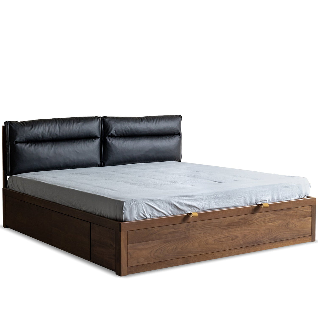 Vintage walnut wood cushion lift-up storage bed with drawer kangaroo in white background.