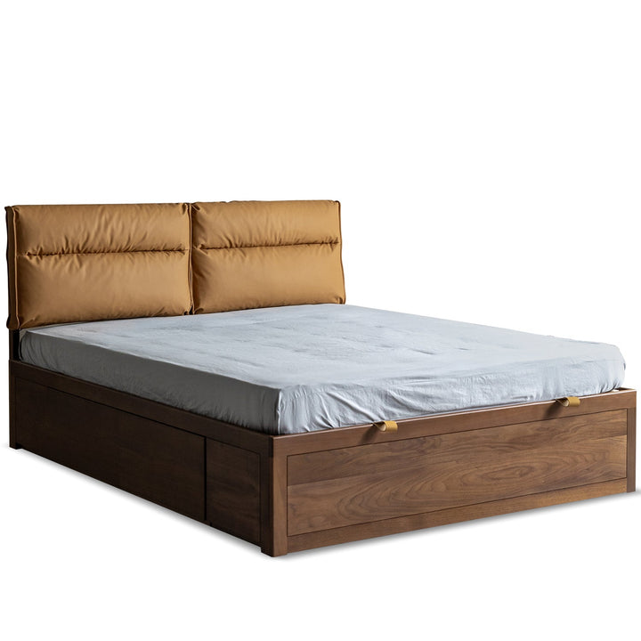Vintage walnut wood cushion lift-up storage bed with drawer kangaroo situational feels.