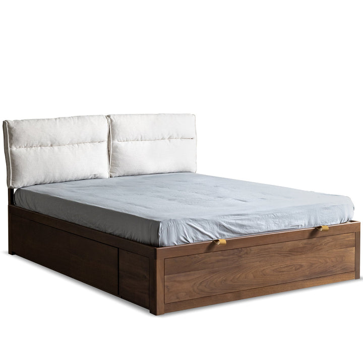 Vintage walnut wood cushion lift-up storage bed with drawer kangaroo detail 3.
